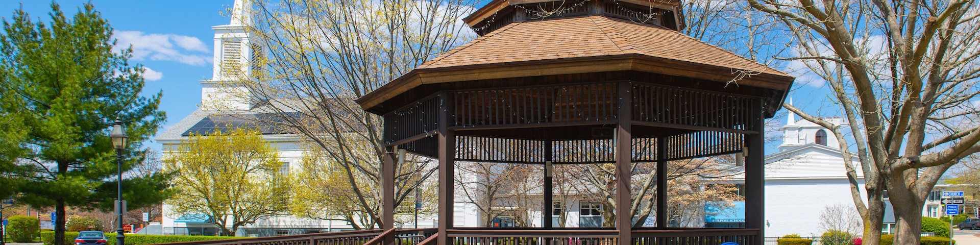 Stoneham Town Common and Bandstand in historic town center of Stoneham, Middlesex County, Massachusetts MA, USA.