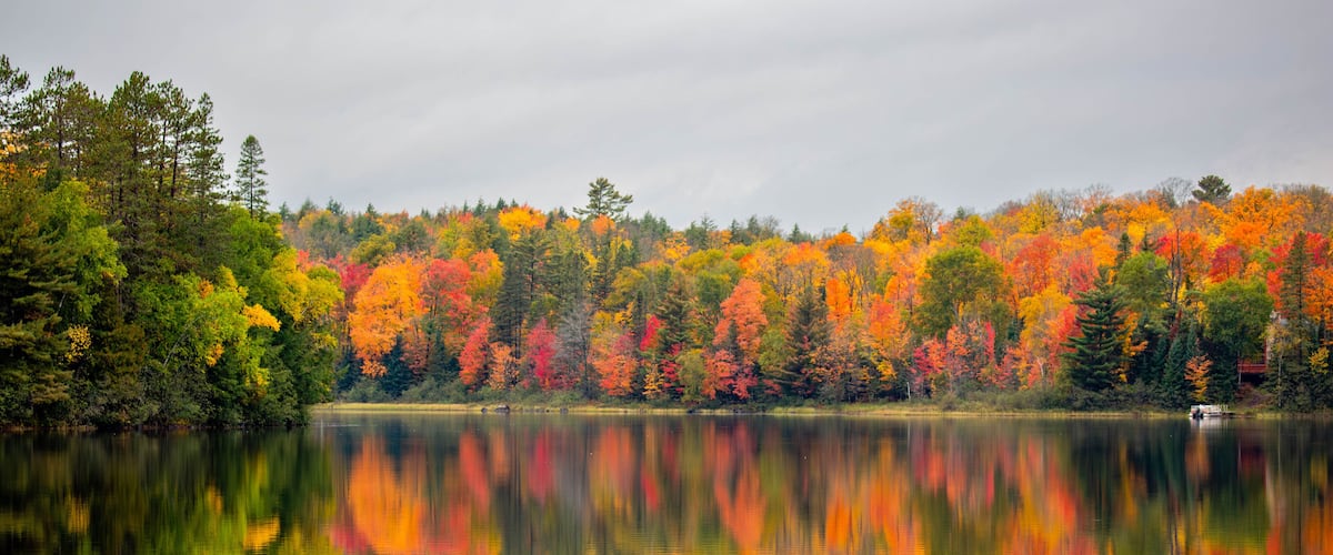 Colorful autumn trees on lake of the Falls in Mercer, Wisconsin