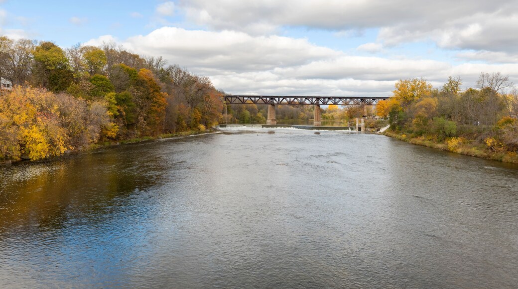 A river with a bridge, surrounded by autumn foliage.