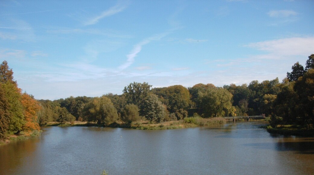 Park von Muskau, seen from the border bridge (left to right): Bad Muskau, (German) island on the Lusatian Neisse and Łęknica