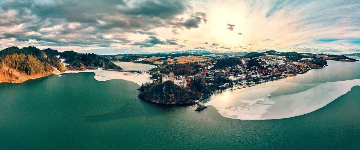 Beautiful panoramic aerial drone view to the Niedzica Castle also known as Dunajec Castle, located in the southernmost part of Poland in Niedzica, Nowy Targ County, Dunajec River, Lake Czorsztyn