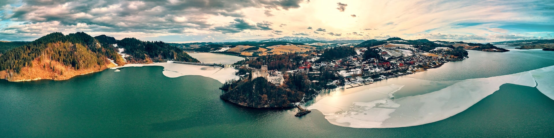 Beautiful panoramic aerial drone view to the Niedzica Castle also known as Dunajec Castle, located in the southernmost part of Poland in Niedzica, Nowy Targ County, Dunajec River, Lake Czorsztyn
