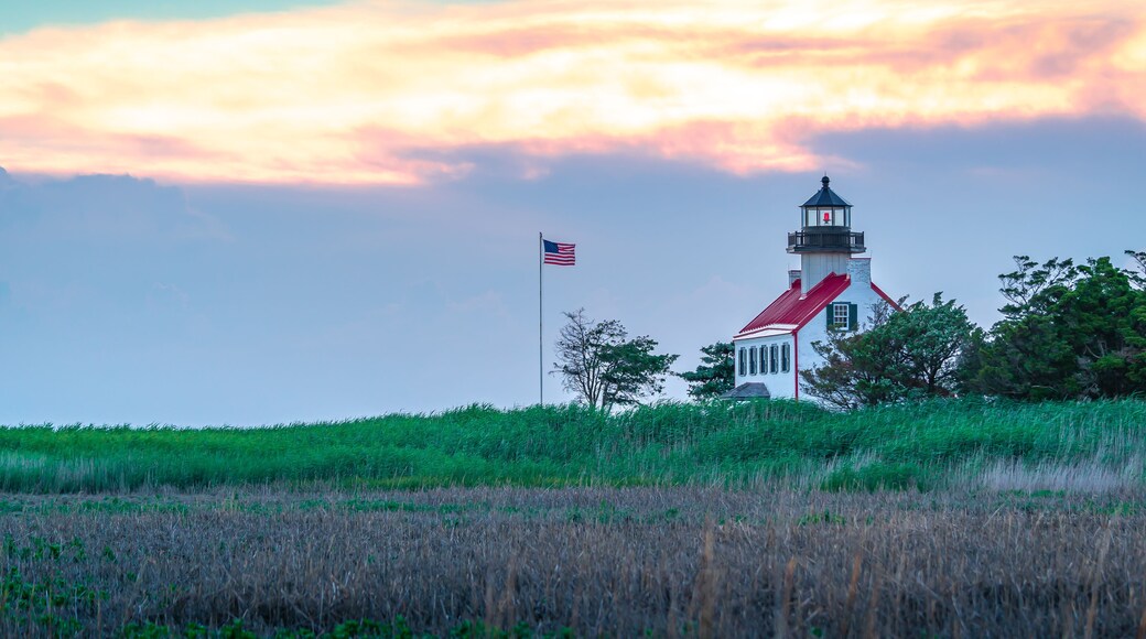 Un phare avec un toit rouge et des murs blancs, entouré d’herbe verte et d’arbres, sous un ciel multicolore au coucher du soleil.