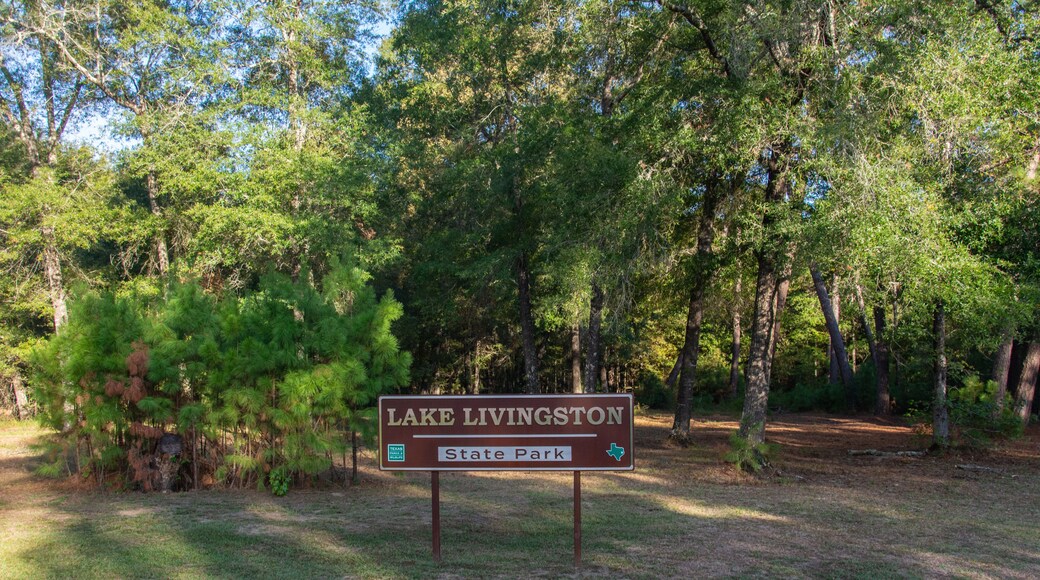 Lake Livingston State Park sign at the entrance to the park near Lake Livingston reservoir located in the East Texas Piney Woods in Polk County, Texas, United States