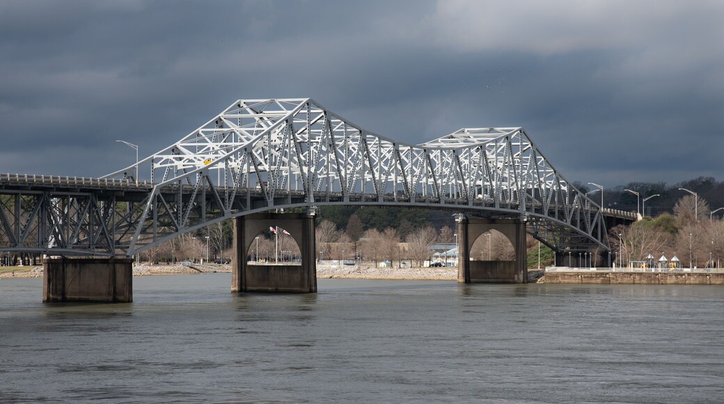 Historic O'Neal Bridge a cantilevered warren truss steel bridge over the Tennessee River with dramatic sky