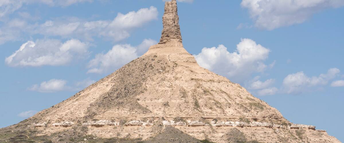 Chimney Rock National Historic Site in Morrill County , western Nebraska, USA, May 8, 2023. Chimney Rock is a prominent geological rock formation.