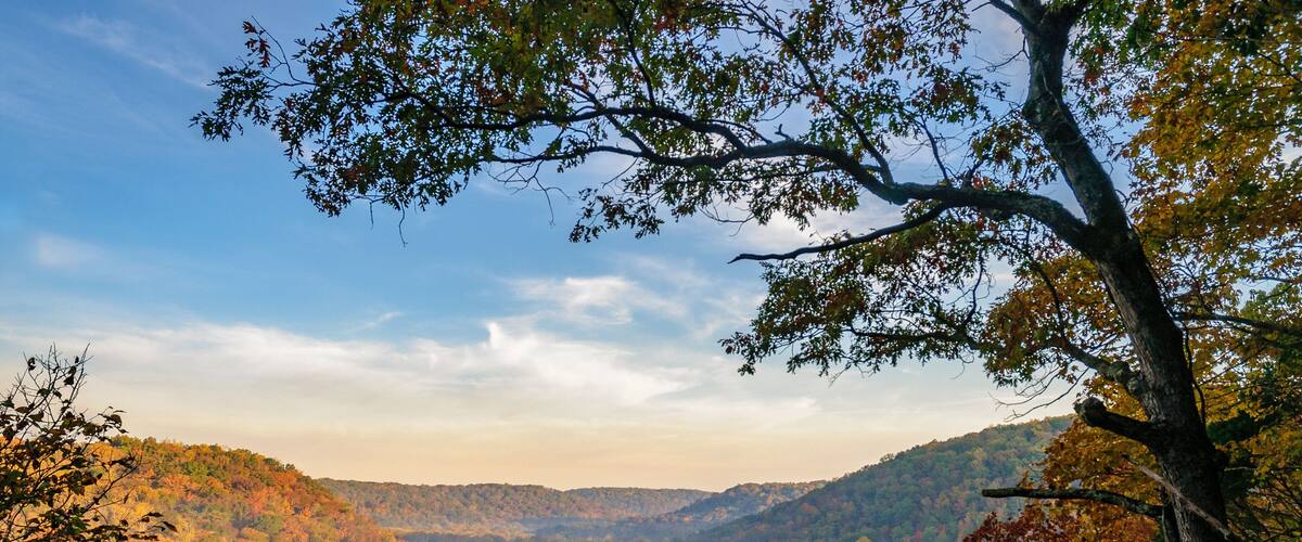 A river winding through a forested valley with autumn foliage.