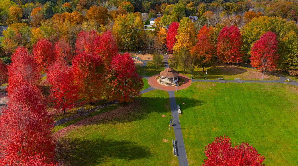 Bandstand aerial view at Bellingham Town Common in fall with maple trees at the background, historic town of Bellingham, Norfolk County, Massachusetts MA, USA.