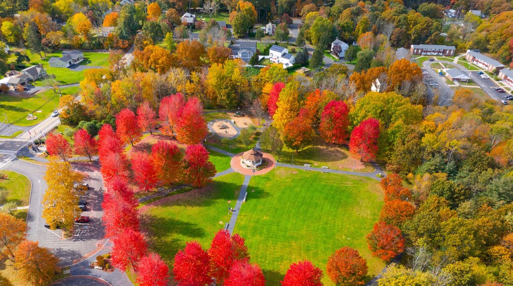 Bandstand aerial view at Bellingham Town Common in fall with maple trees at the background, historic town of Bellingham, Norfolk County, Massachusetts MA, USA.