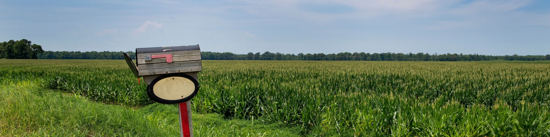 An old wood mailbox in front of a cornfield in a rural area of the Mississippi State, USA