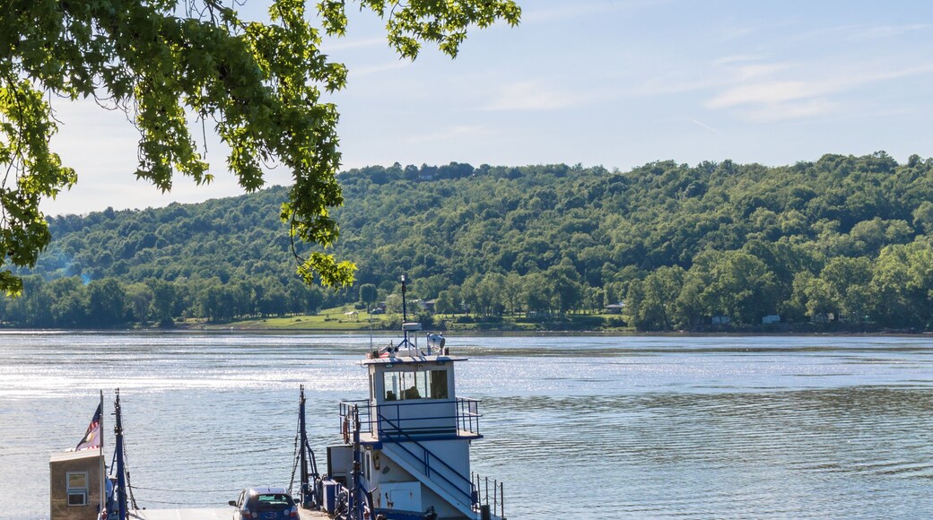 A ferry dock with a boat, a river, and a forested hillside in the background.