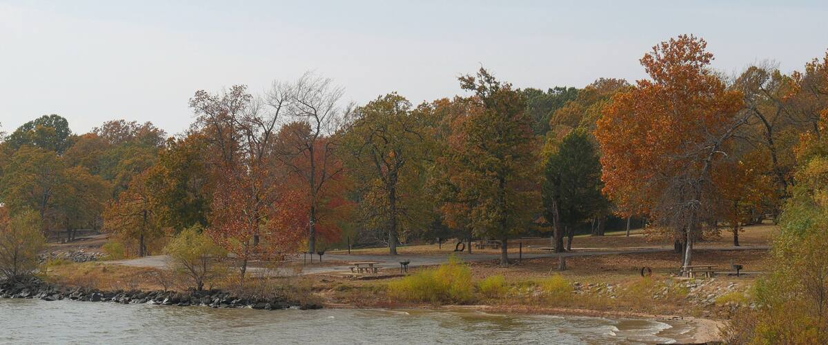 Medium closeup of a lakeside view at Eufala Lake with autumn colors in the trees on a cold cloudless morning