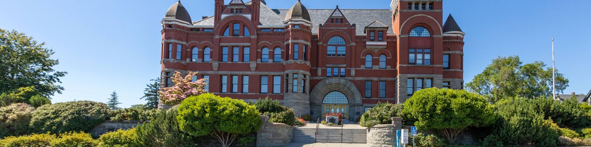 Historic Jefferson County Courthouse and Clock Tower Victorian style old historical building in Port Townsend, Olympic Peninsula, Washington State
