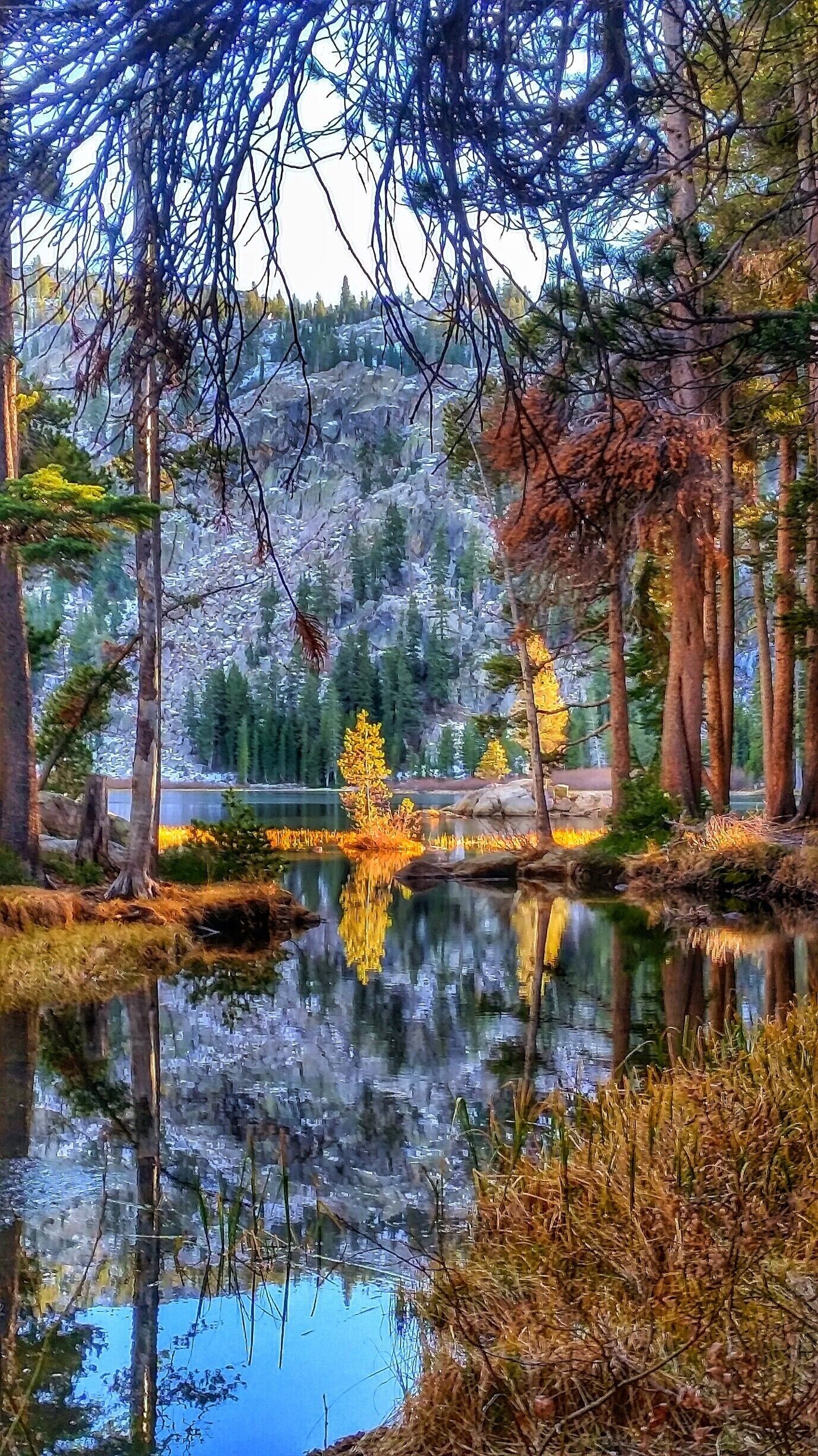 A serene lake surrounded by trees with autumn foliage.