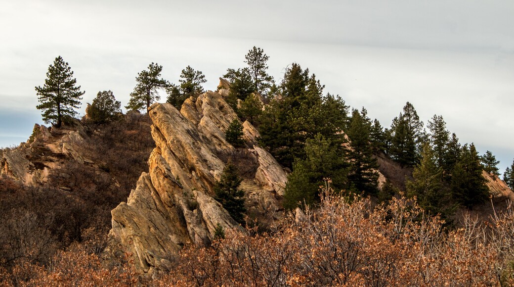 Beautiful red sandstone rock formation in Roxborough State Park, Denver, Colorado, at sunset.