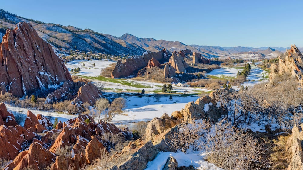Fountain Valley at Roxborough State Park - A panoramic winter view of red sandstone fountain formations at Fountain Valley, in Roxborough State Park, Southwest of Denver, Colorado, USA.