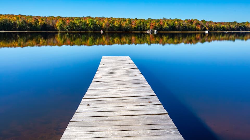 A wooden pier extending into calm water with a forested shoreline reflecting in the water.