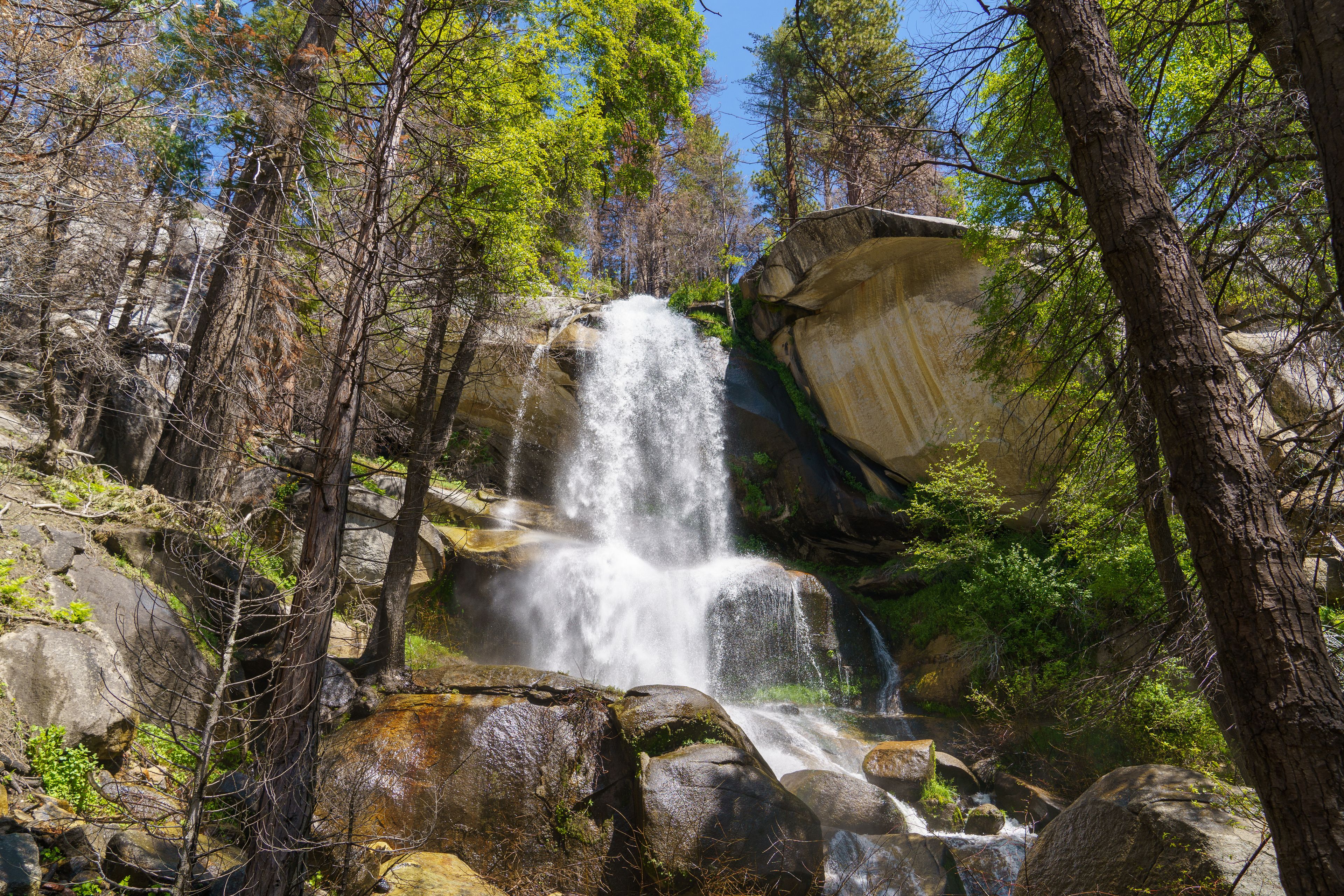 A waterfall cascading over rocks in a forested area.
