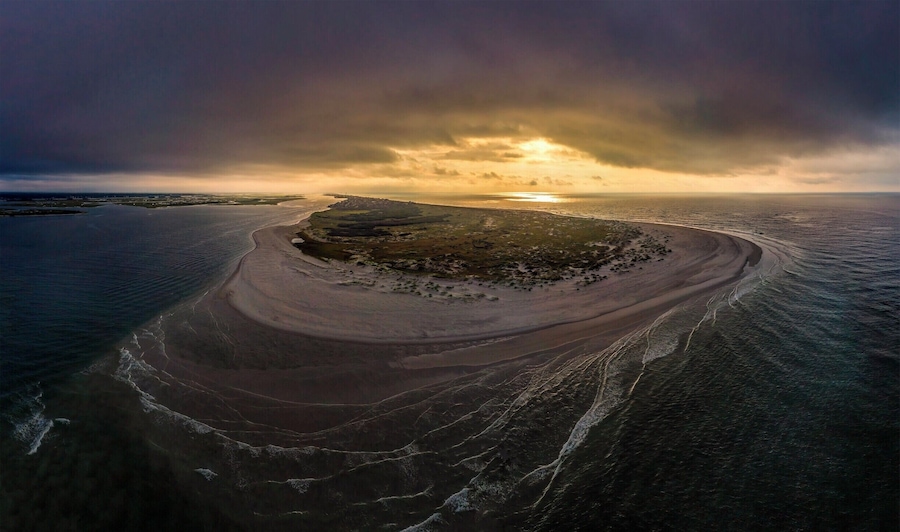 Drone shot over the south end of Topsail Island.