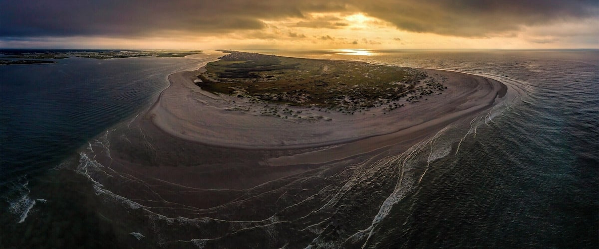 Drone shot over the south end of Topsail Island.