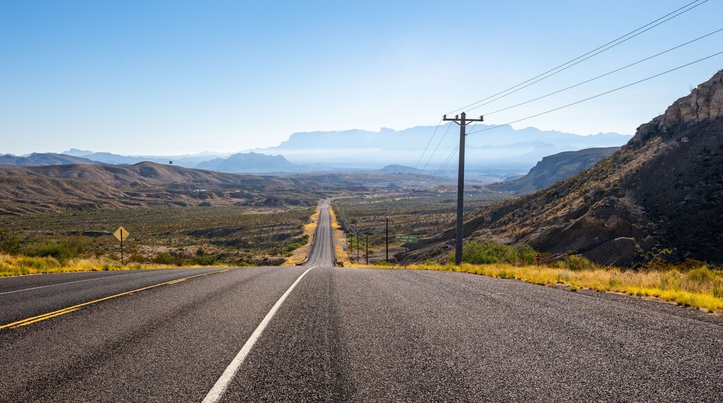 panoramic of the road to Big Bend National Park in southwest Texas with morning haze over the mountains