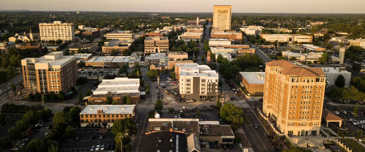 Aerial View Over the Downtown City Skyline and Buildings of Spartanburg NC