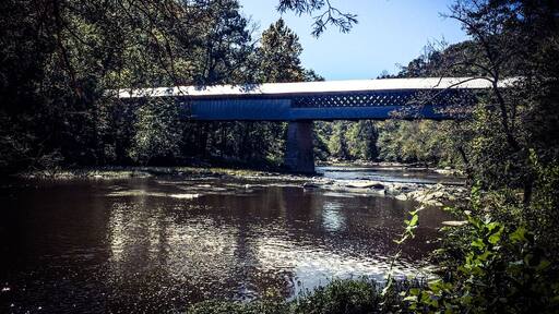 The longest existing covered bridge in Alabama located above the Black Warrior River with the most amazing view of the bluff. This bridge is still in use today and was constructed in 1933. One of three in Blount County.