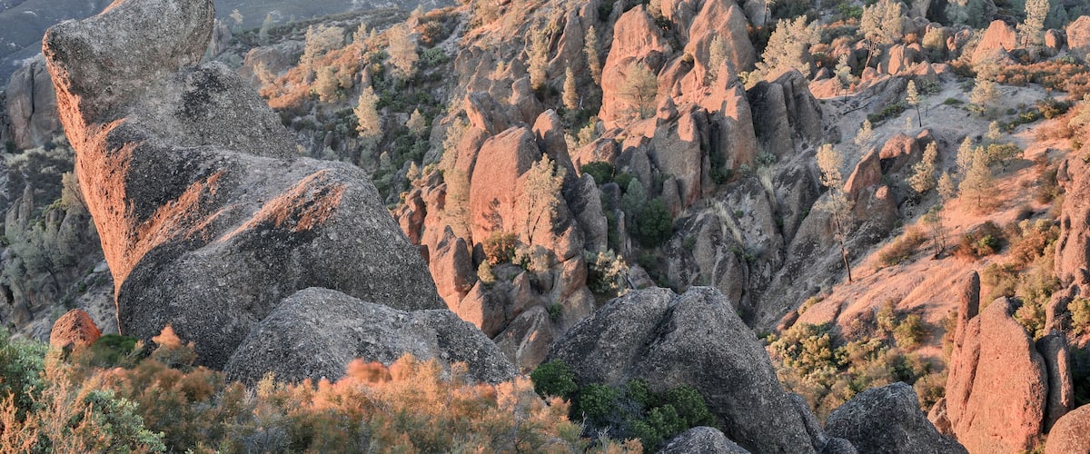 Last Sunight on Pinnacles National Park, California, USA. Sunset over the volcanic monoliths of Pinnacles National Park.