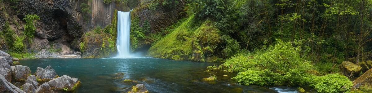 Toketee Falls is a waterfall in Douglas County, Oregon, United States, on the North Umpqua River at its confluence with the Clearwater Rive.r Beautiful falls in forest, West coast USA