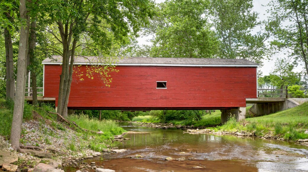 A red wooden structure, possibly a bridge, over a shallow stream with rocks and greenery around.