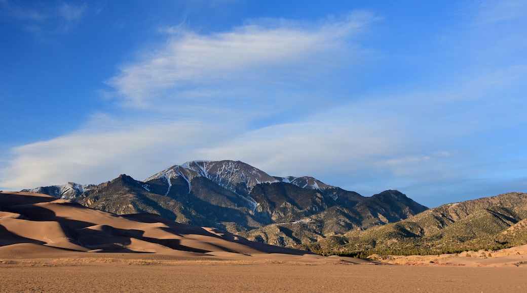 Un paysage désertique avec des dunes de sable et des montagnes aux sommets enneigés, sous un ciel dégagé.