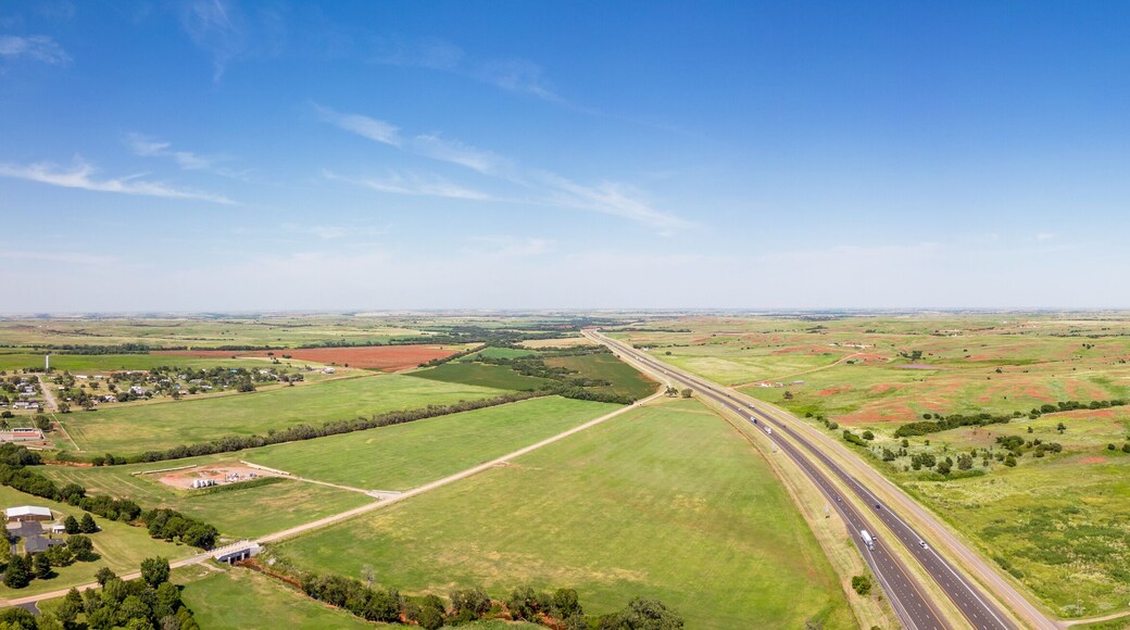 Aerial drone panorama photo farmland landscape in Foss Oklahoma USA