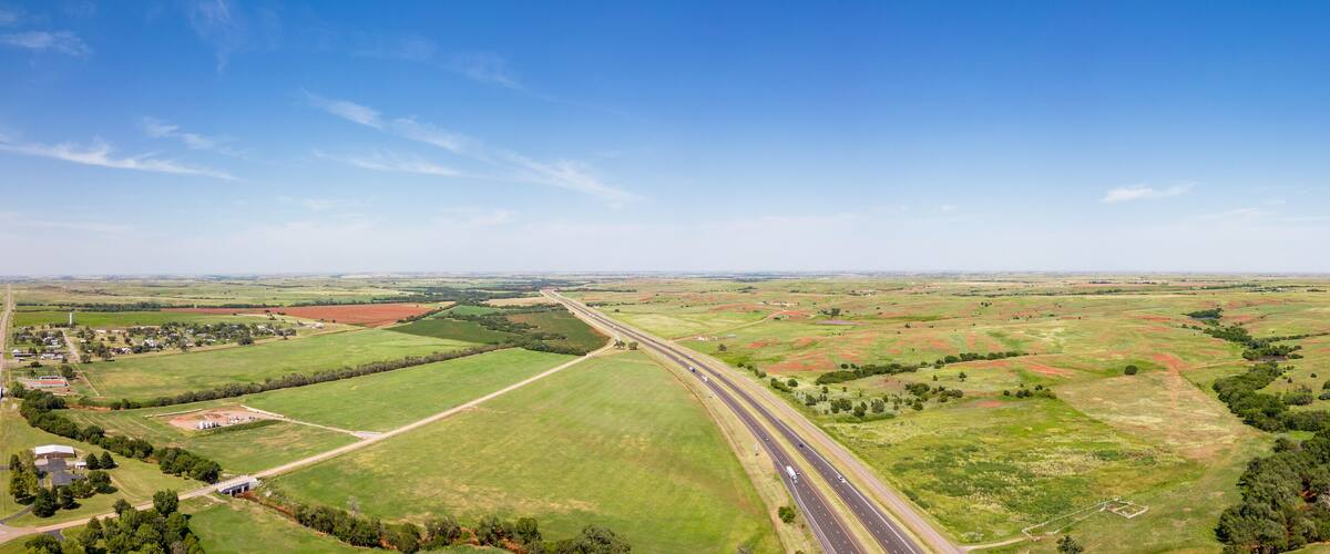 Aerial drone panorama photo farmland landscape in Foss Oklahoma USA