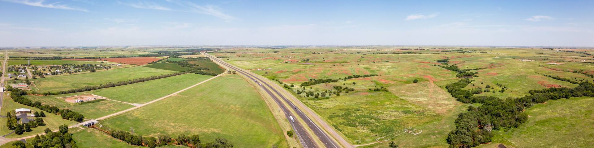 Aerial drone panorama photo farmland landscape in Foss Oklahoma USA