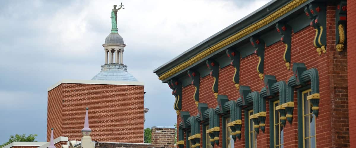 The Augusta County courthouse dome and statue in historic downtown Staunton VA Virginia