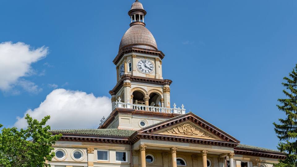 Hillsdale County Courthouse in Michigan with Blue Skies and Clouds