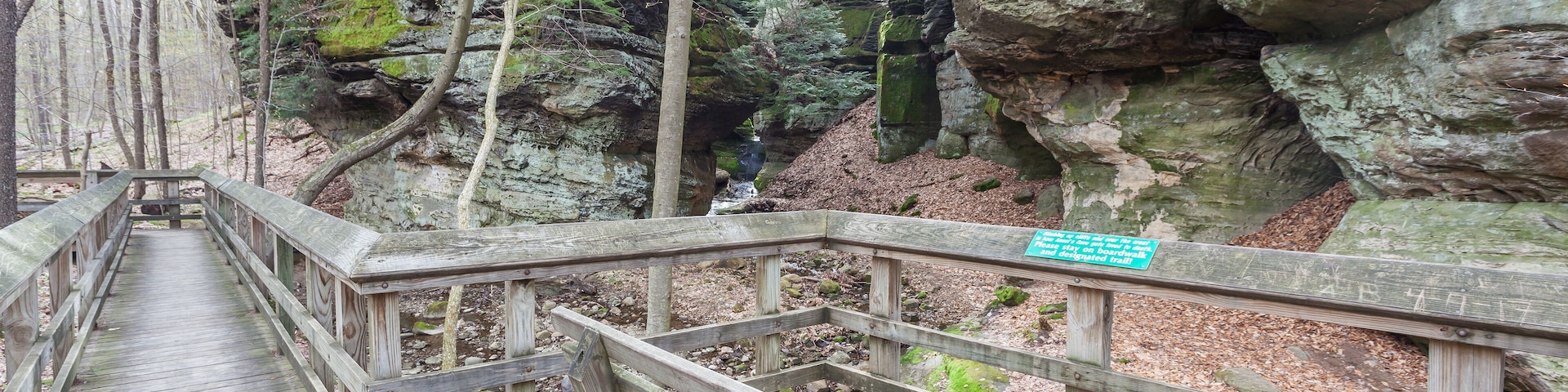 A nature viewing boardwalk at Ansel's Cave, which is a rock gorge with a waterfall flowing through a rock gorge. The cave is located in West Woods Park, in Geauga County Ohio.