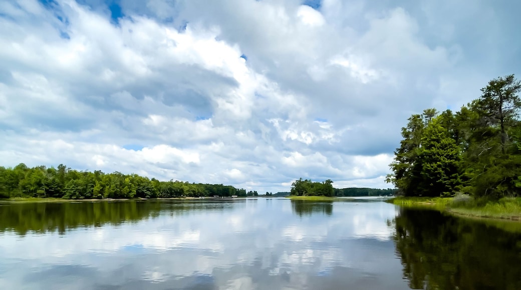A calm lake with a clear reflection of the sky and surrounding trees.