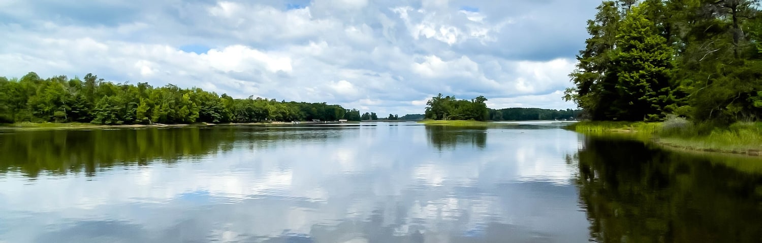 A calm lake with a clear reflection of the sky and surrounding trees.