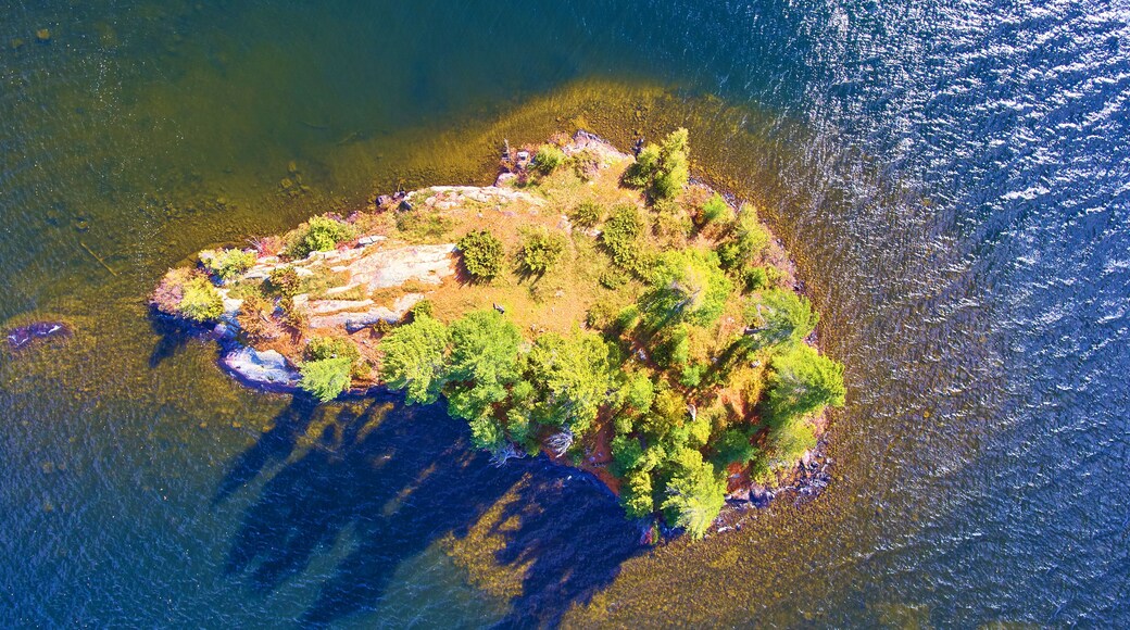 An aerial view of a small island with dense green vegetation and rocky outcrops surrounded by clear water.