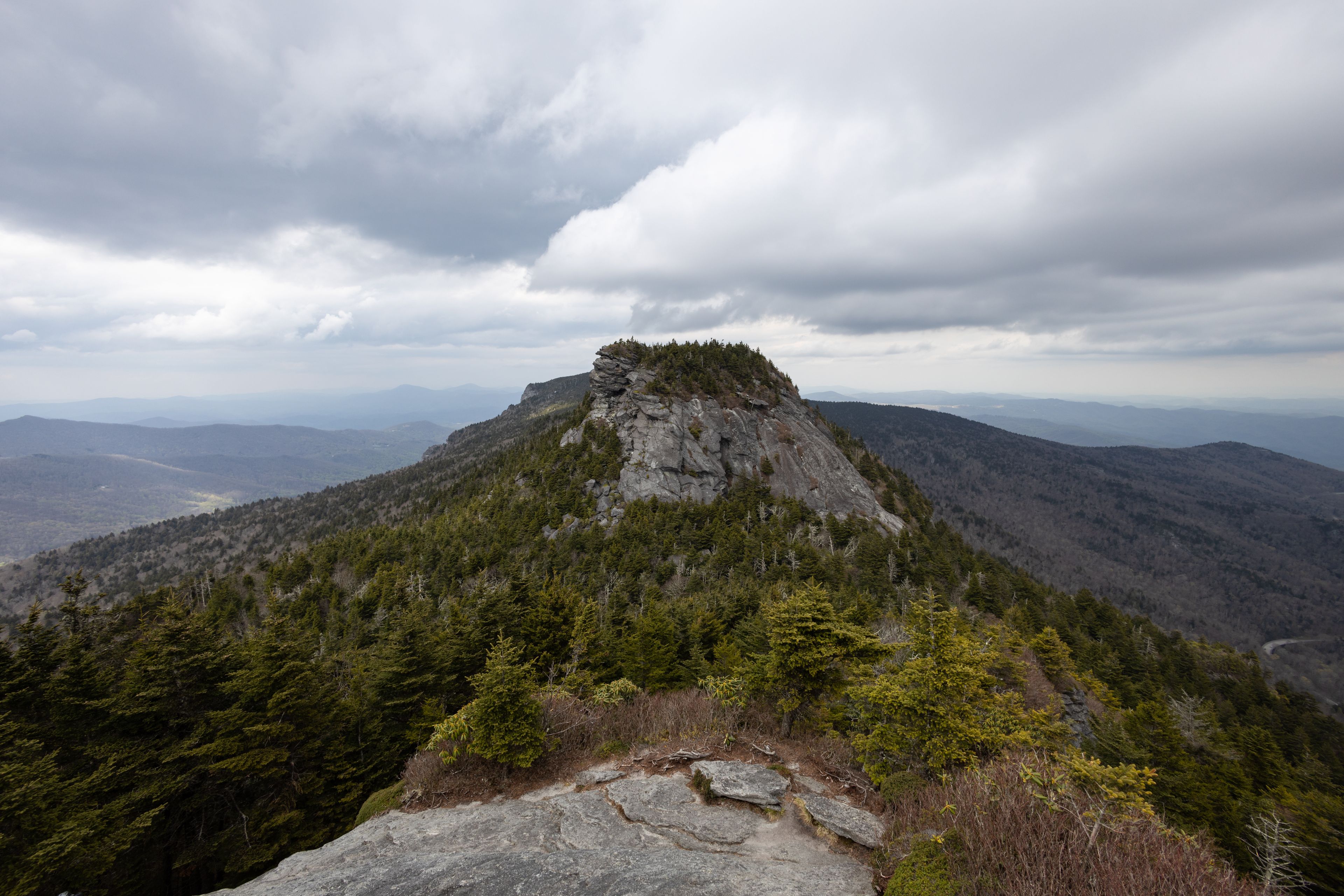 A mountain peak with a rocky summit and dense forest at its base.