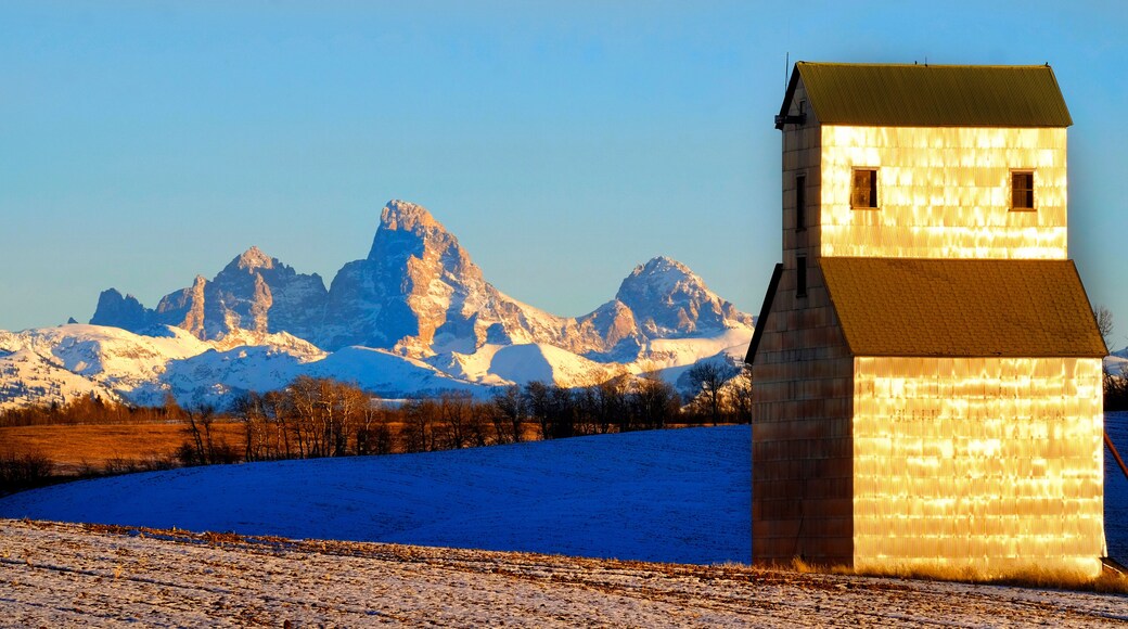 Old Abandoned Grainary Grainery Building with Tetons Teton Mountains in Background