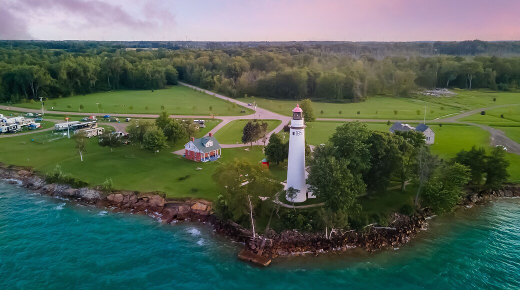 Pointe Aux Barques Lighthouse aerial view in Michigan.