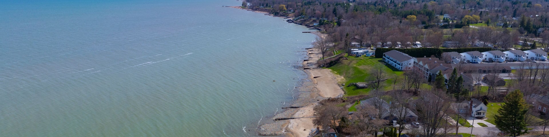 Lexington Beach aerial view at Lake Huron in village center of Lexington, Sanilac County, Michigan MI, USA.