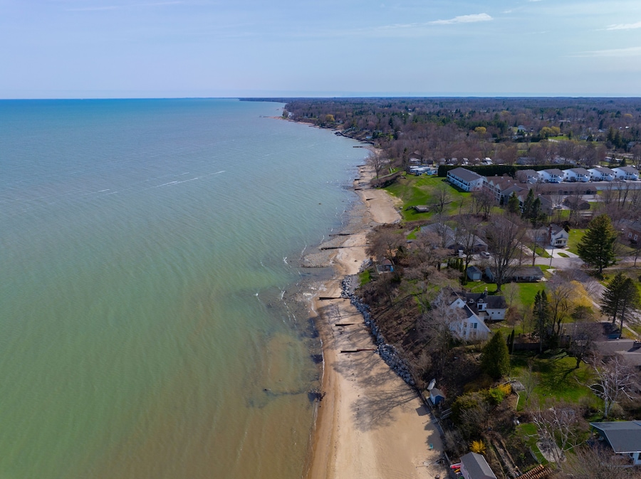 Lexington Beach aerial view at Lake Huron in village center of Lexington, Sanilac County, Michigan MI, USA.