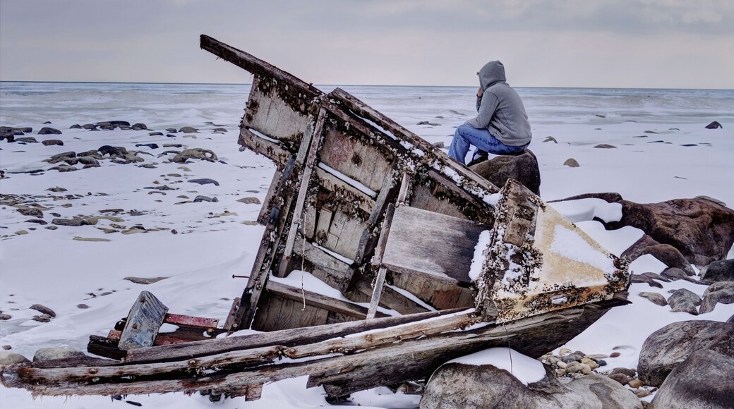 The Weary traveler. Teenaged male sitting on rock stranded in a desolate landscape, with a beached shipwreck in the foreground. Sanilac County Park. Lexington, Michigan.