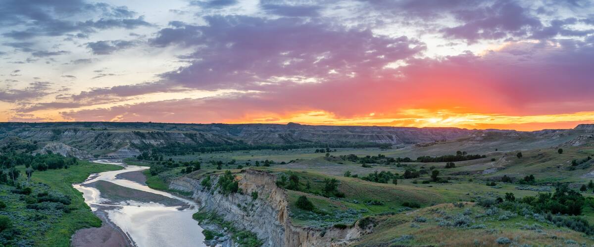 Sunset at Wind Canyon Trail Overlook of the Little Missouri River in the Theodore Roosevelt National Park - South Unit - near Medora, North Dakota