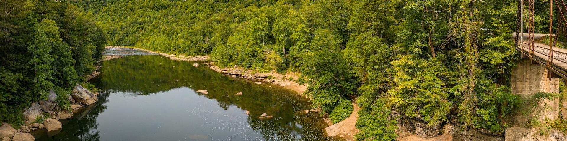 Aerial view of the Cheat River near the 1912 metal truss Jenkinsburg Bridge near Mt Nebo and Morgantown over Cheat River