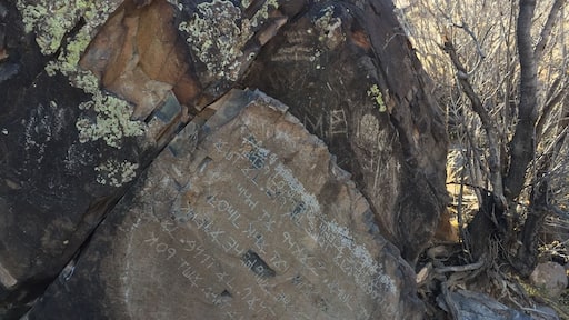 The Decalogue stone is nestled in a canyon on Hidden Mountain, about a mile hike from the nearest road. The inscription has been interpreted as an abbreviated version of the Ten Commandments written in an ancient form of Hebrew, but there is no evidence of its authenticity.