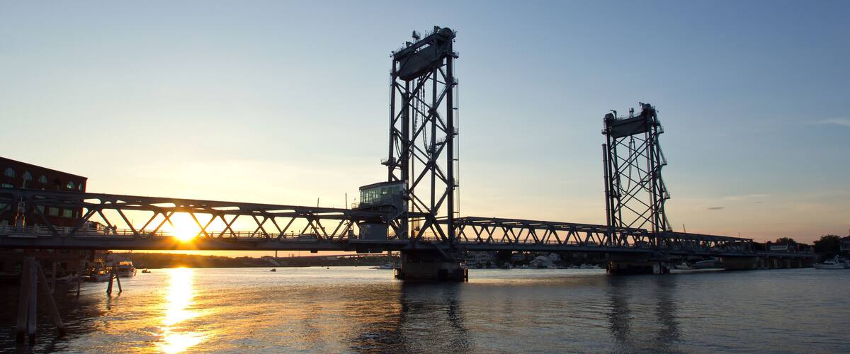 USA, Portsmouth, New Hampshire Bridge, Sunset